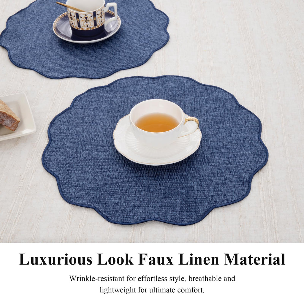 Navy Blue Round Scalloped Placemats Set of 4 Polyester Linen Blend
