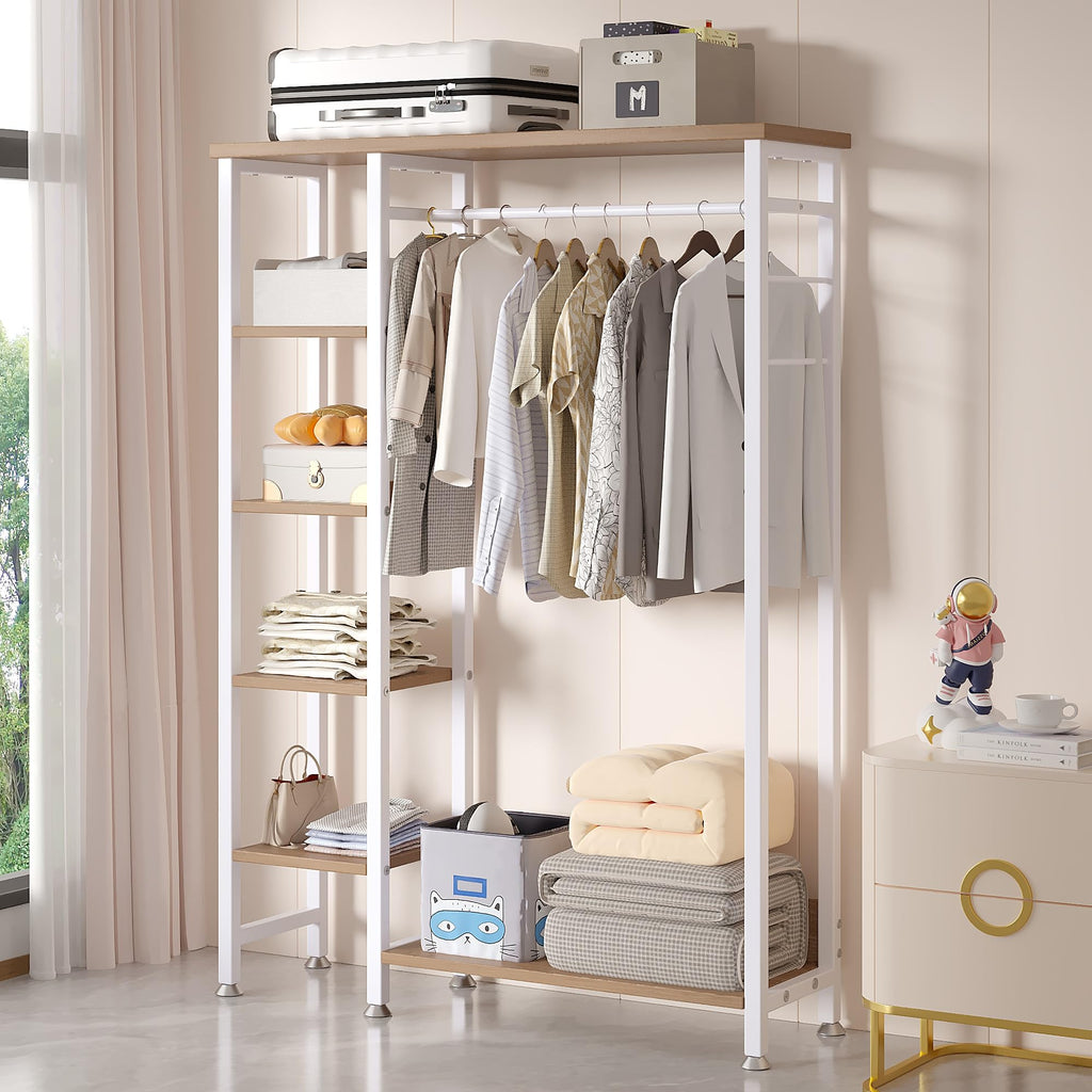 Open Garment Clothing Rack, Free-Standing Heavy Duty Storage Closet with 5 Shelves and Hanging Rod for Small Spaces
