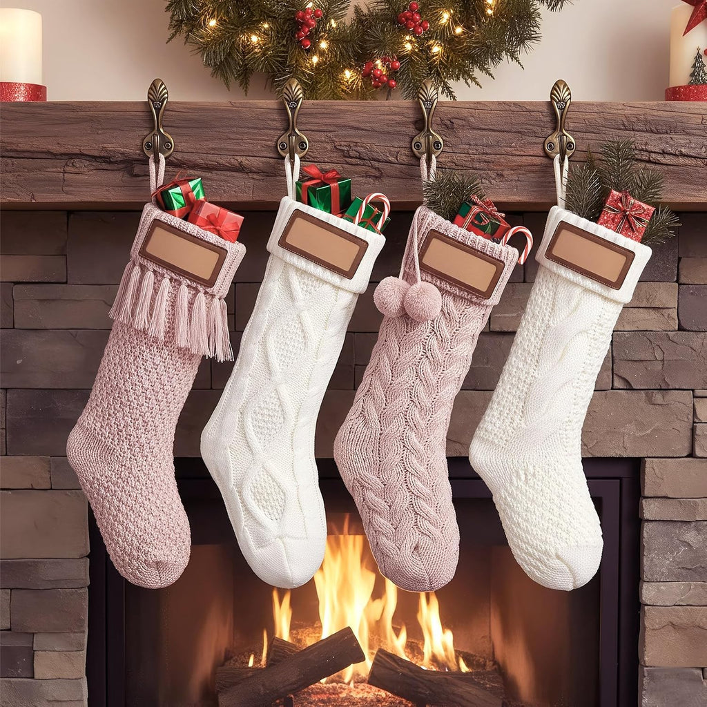 Personalized Knitted Christmas Stockings with Leather Name 18 inch Bulk Family Large Size Knit Xmas Hanging - Set of 4