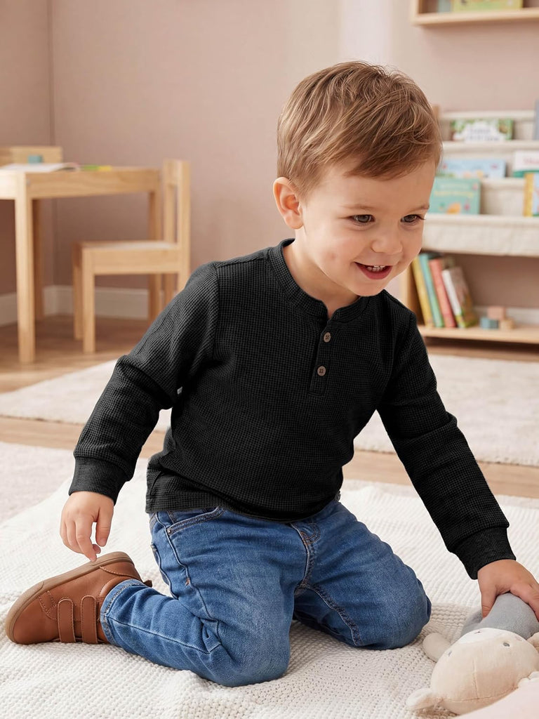 5 Pack Toddler Boys Long Sleeve Henley Shirts Waffle Thermal Tops Casual Toddler Long Sleeve Shirt for Kids