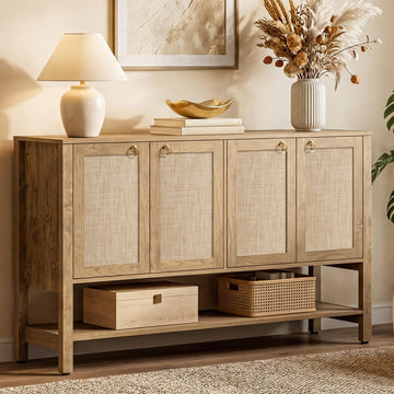 Boho Sideboard Buffet Cabinet with Rattan Doors, Storage Credenza