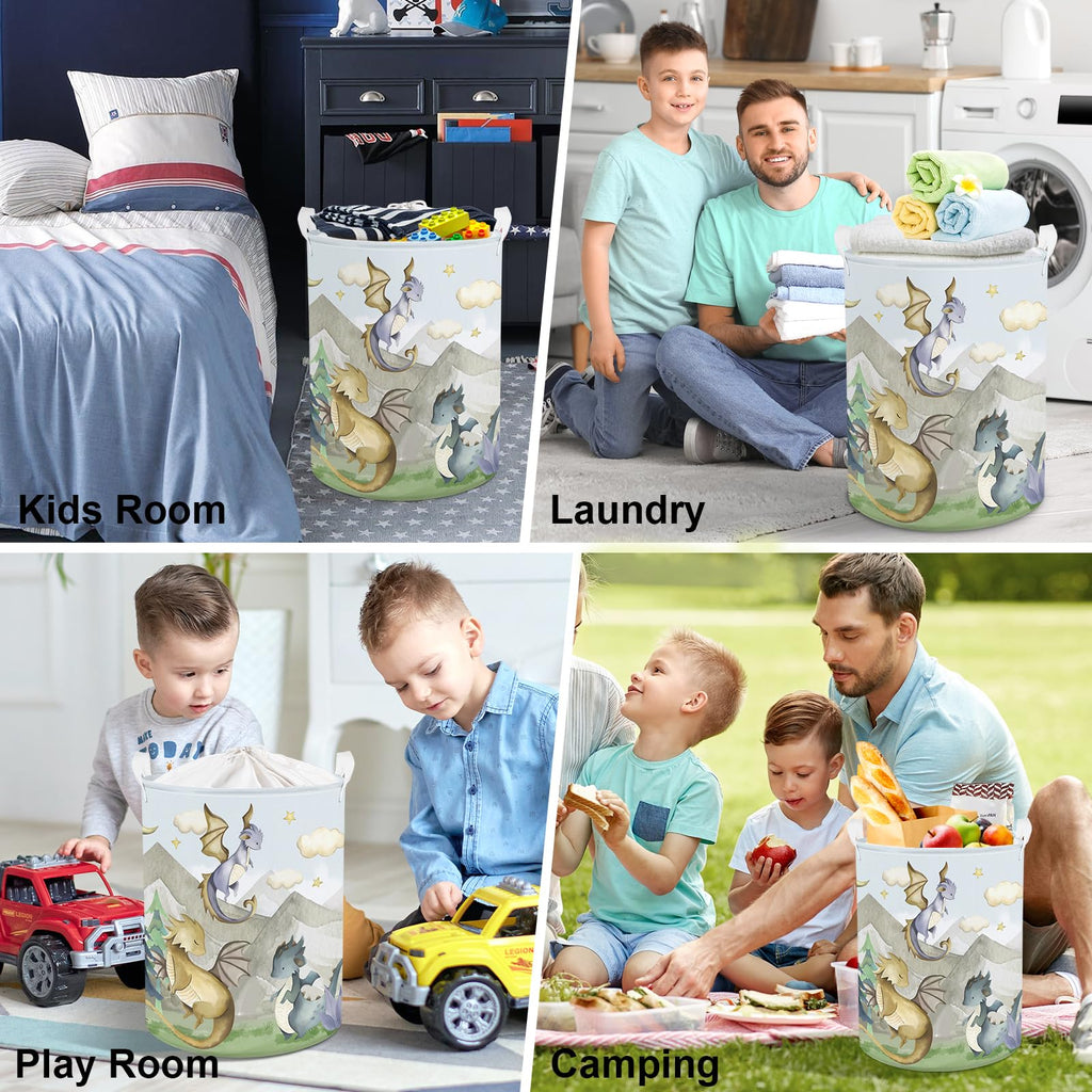 45L Kids Cute Dragon Nursery Hamper Mountain Tree Dirty Clothes Collapsible Laundry Basket Round Cloud Toys Storage