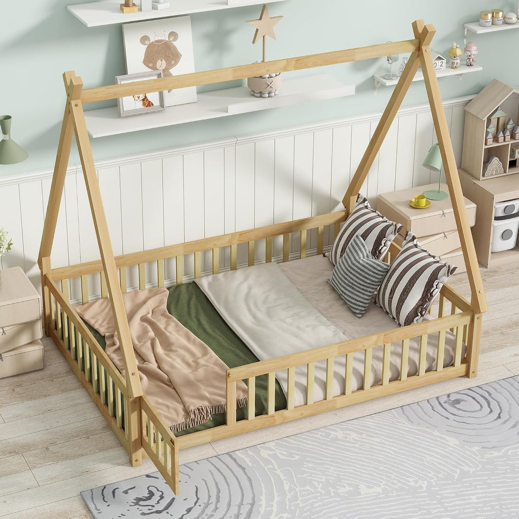 Tent Floor Bed for Kids, Montessori Floor Bed with Door and Guardrails, Teepee Bed for Girls