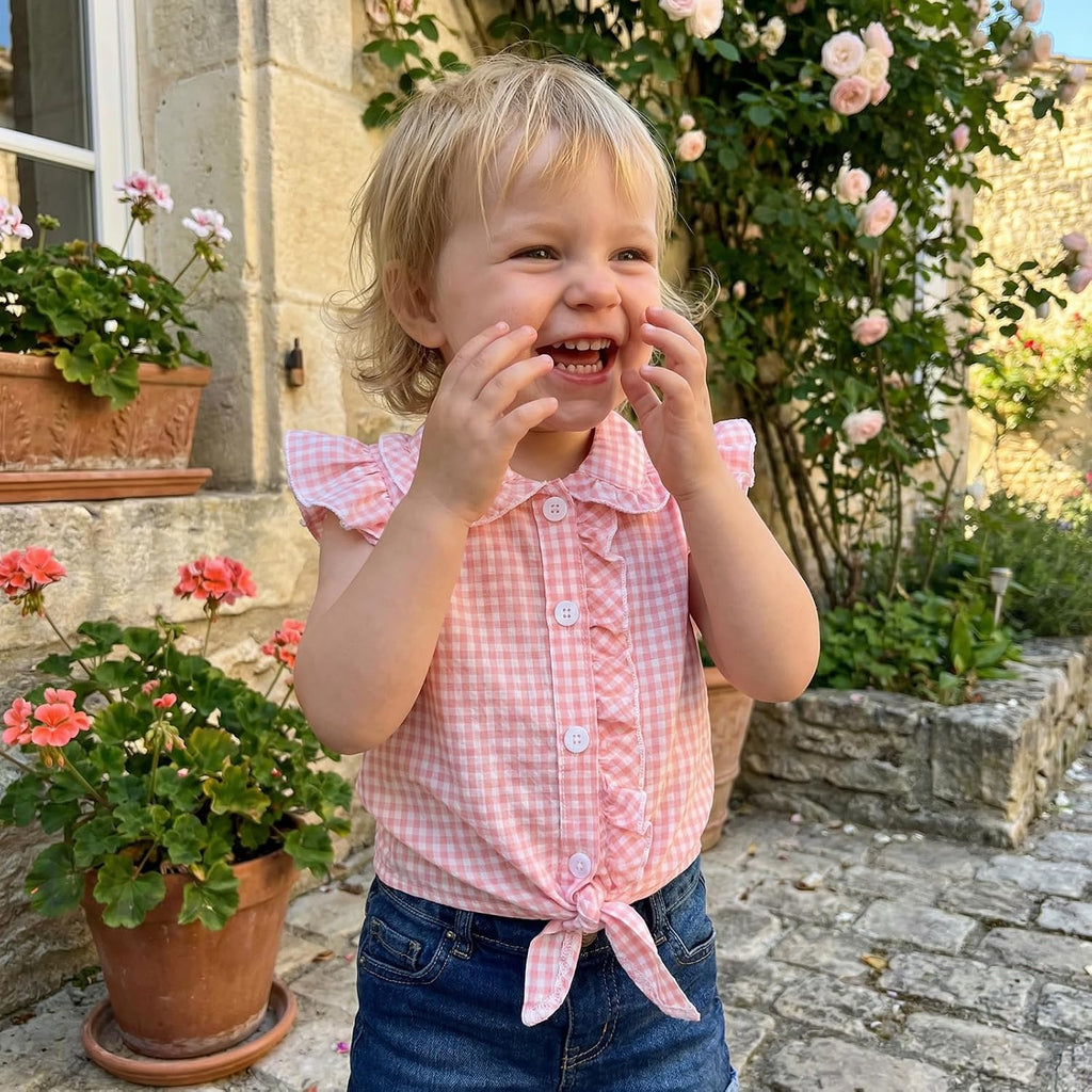 Toddler Girl Button Down Shirt Tie Knot Shirt Plaid Blouse Sleeveless Ruffle Tops Kids Baby Summer Clothes