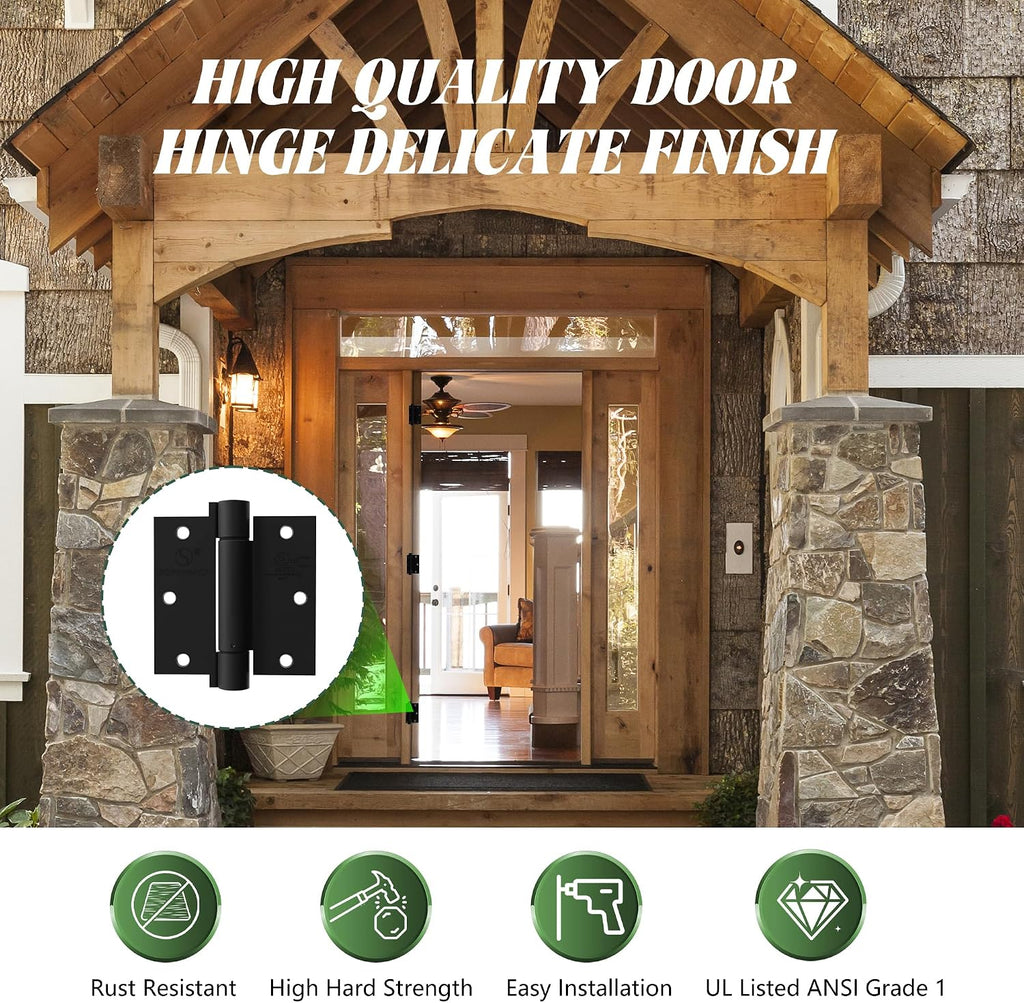 3 Pack Self Closing Door Hinges 3.5 inch Matte Black Spring Loaded Auto Close Hinges Square Corners Adjustable