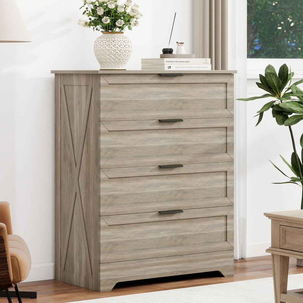 Farmhouse 4 Drawer Dresser, Tall Bedroom Dresser, Rustic Gray
