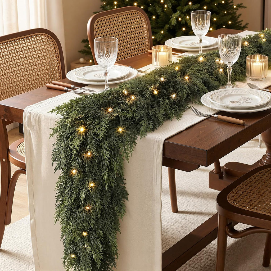 9FT Pre-Lit Cedar Christmas Garland with Lights, Real Touch Mantel Decor
