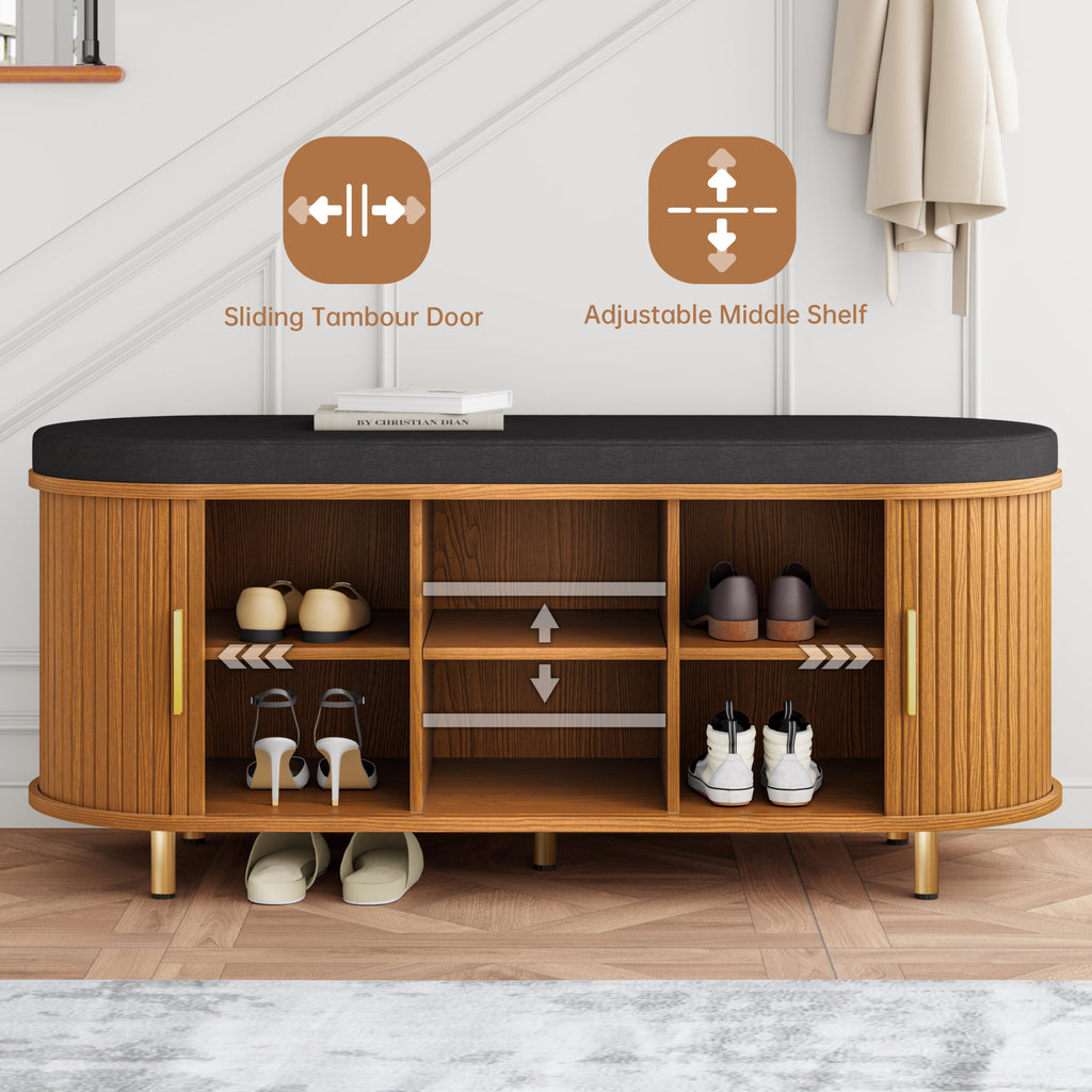 2-Tier Storage Bench, Wide Shoe Bench with Thickened Padded Seat Cushion, Mid Century Modern Fluted Sliding Door and