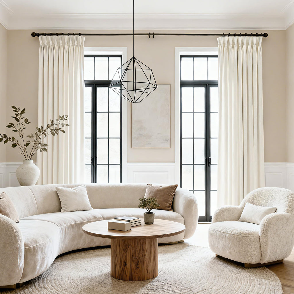Beige White Luxury Velvet Curtains Extra Wide Thermal Insulated Blackout Pinch Pleat Curtains 84 Inches Long Room