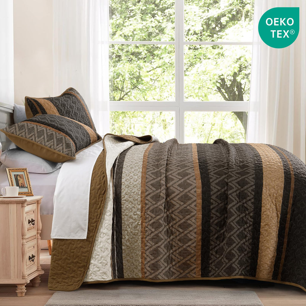 Quilt, Striped Fall Bedding Set, Boho Bedspread, Brown
