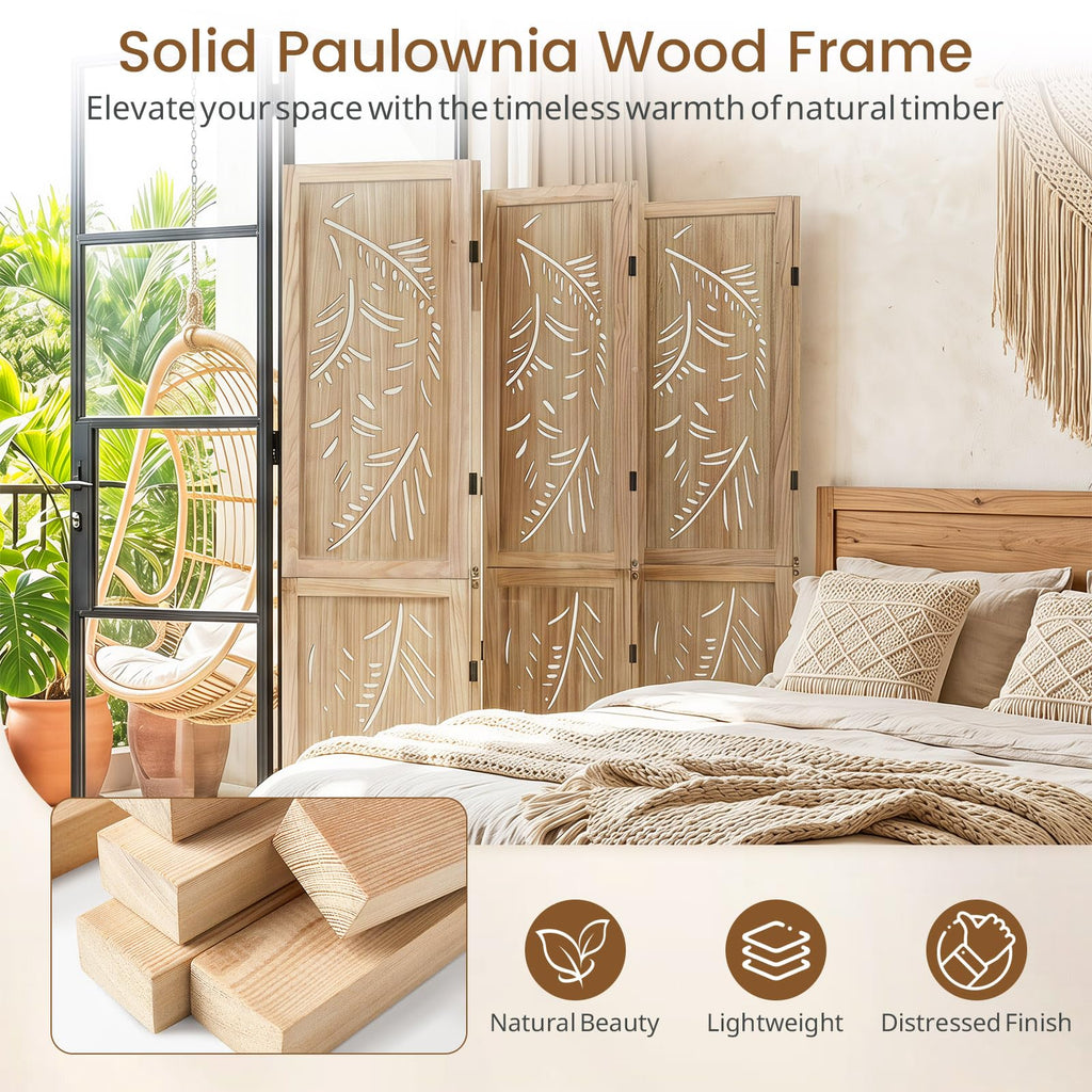6 Panel Boho Room Divider with Carved Palm Leaf Pattern, Natural