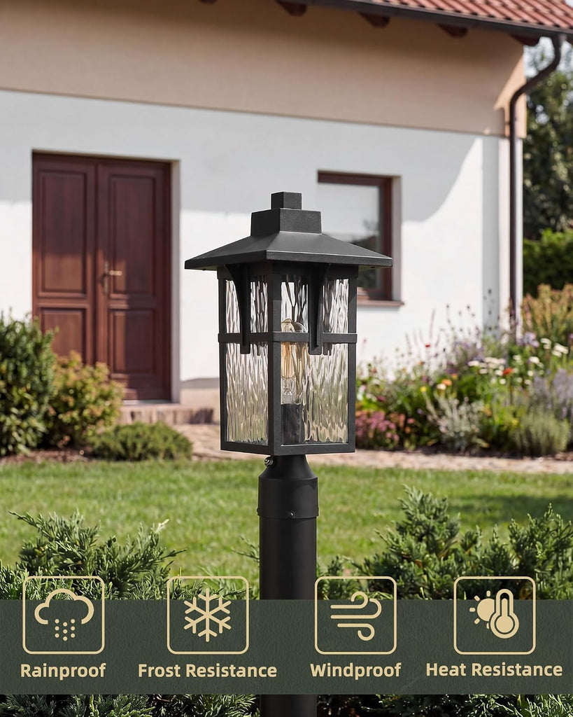 Dusk to Dawn Post Lamp, HWH Exterior Pillar Post Light for Yard Garden, Pole Light Fixture with Water Ripple Glass
