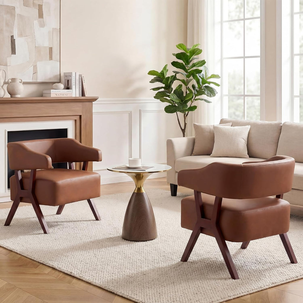 Faux Leather Barrel Accent Chair with Solid Wood Frame (Brown,2) - Set of 2