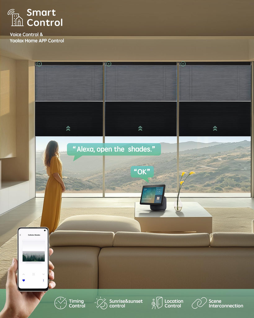 Motorized Day & Night Cellular Shade, Blackout Black & Soft Black
