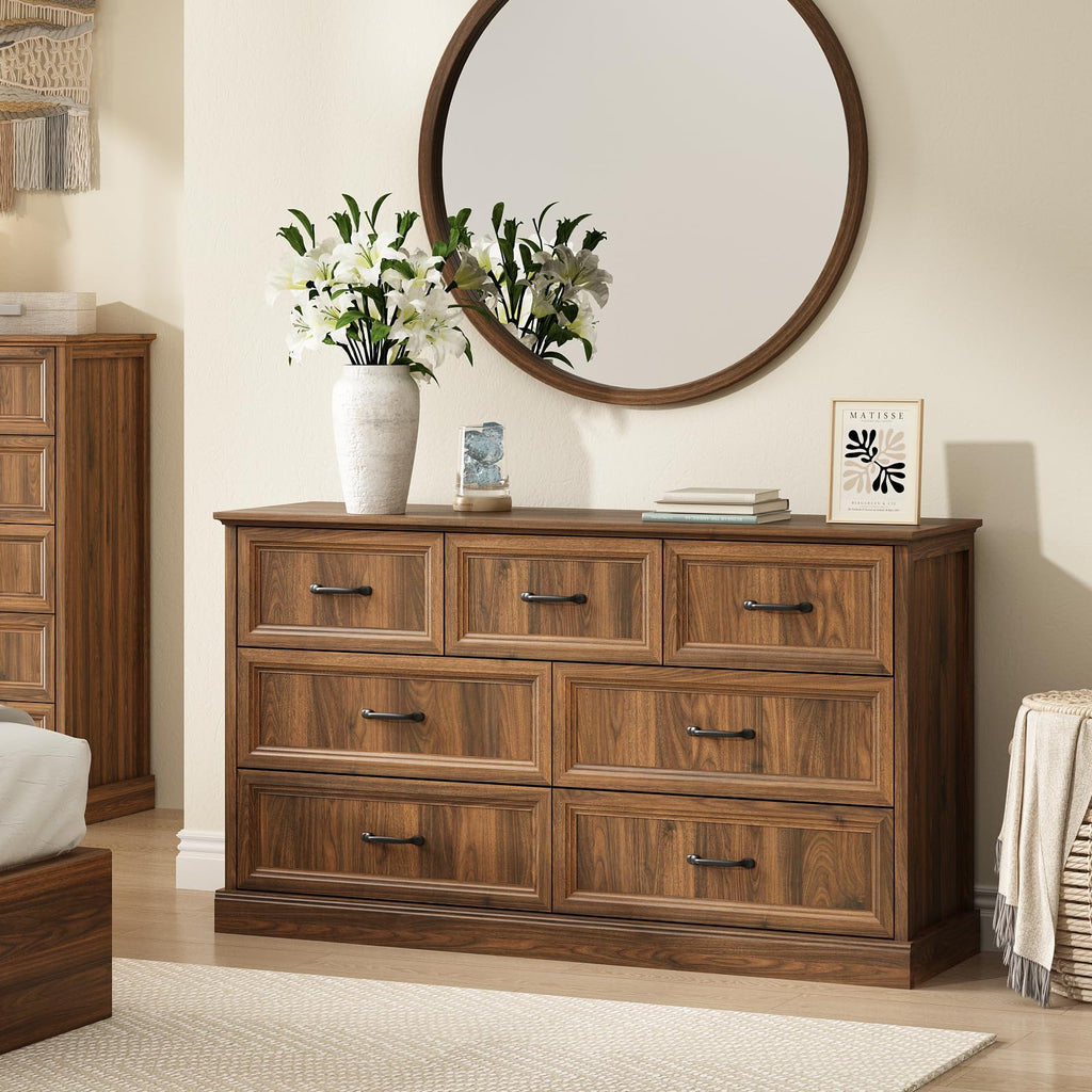 Farmhouse 7 Drawer Dresser, 55" Walnut Dresser with TV Stand