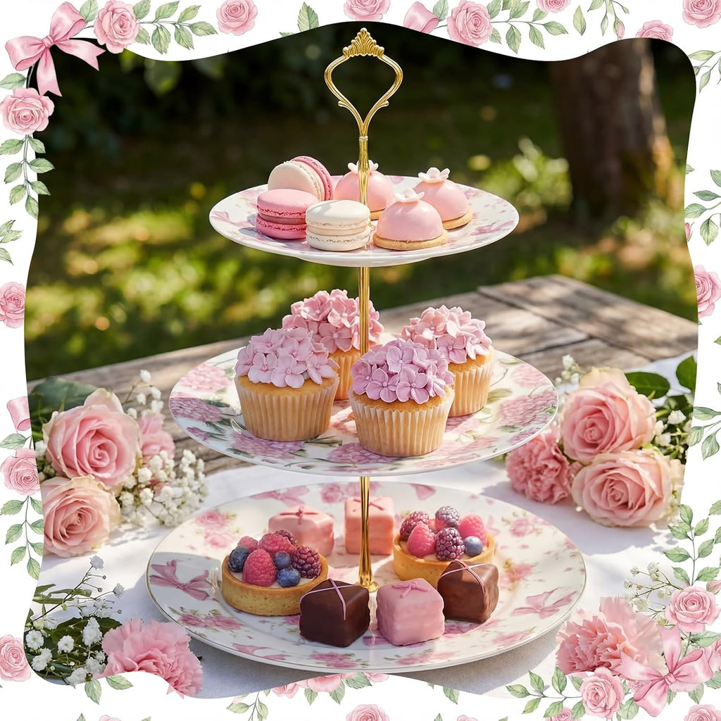 3 Tier Pink Floral Cake Stand Ceramic Coquette Dessert Stand with Gold Metal Rack Shabby Hydrangea Bow Cupcake Tower