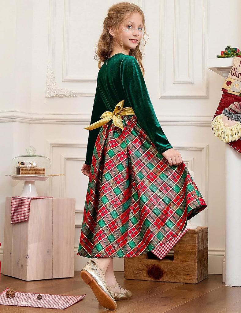 Christmas Dress Velvet Long Sleeve Holiday Dress Winter Party Classic Plaid Midi Princess Dress