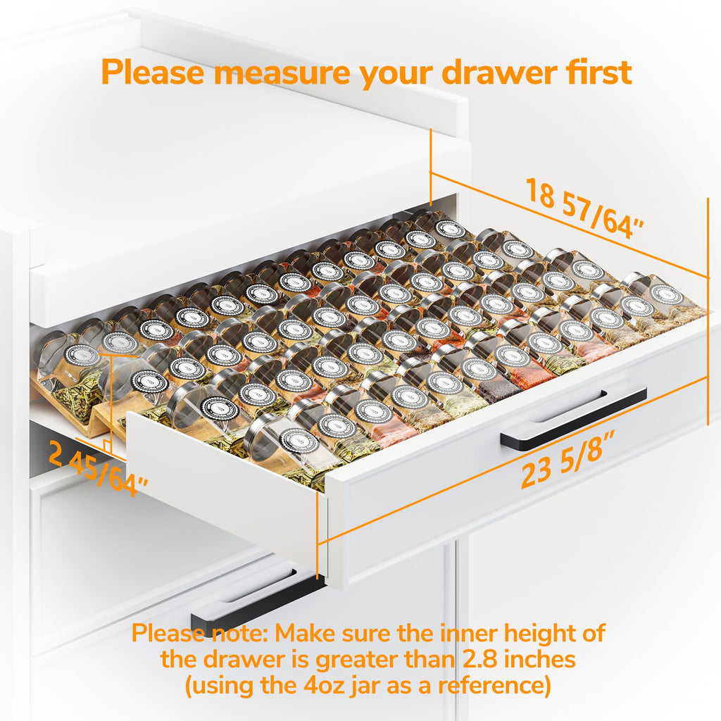 Bamboo Spice Drawer Organizer with Non-slip Mat,4 Tier - 2 Set Jar Spice Rack Tray From 12''to 24'',Hold up 48 Jars