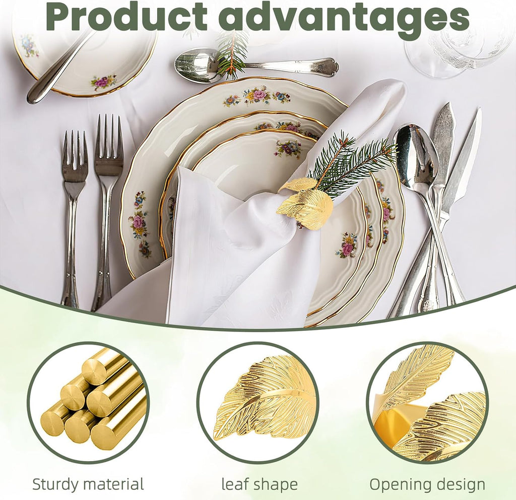 Gold Napkin Rings, Metal Leaf Bulk Napkin Rings, Cloth Napkin Holder Ring Dining Table Decorations - Set of 8