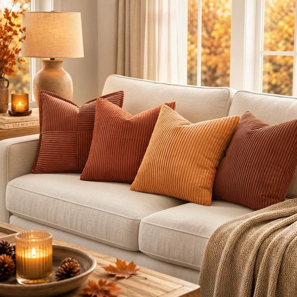 Fall Lumbar Corduroy Throw Pillow Covers Set of 2 12x20 Rust