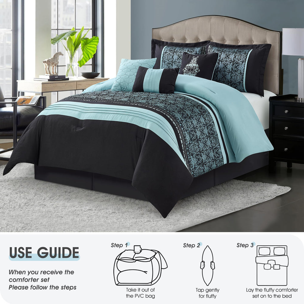 Aqua Black California King Comforter Set, Damask Jacquard with Matching Solid Piece Work, 7 Piece Soft Bedding Set