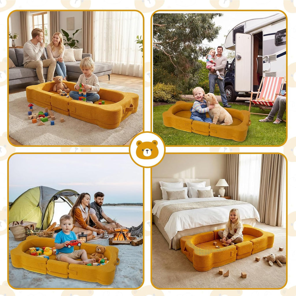 Toddler Travel Bed, Portable&Foldable Toddlers Floor Beds, Bear Style Soft Foam Crib for Baby and Kid, Washable Cover