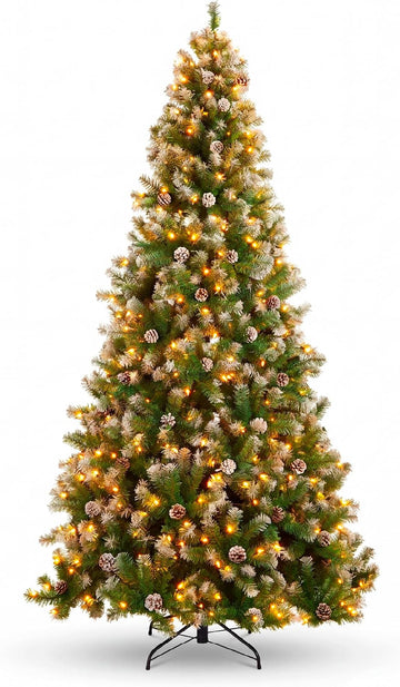Pre-Lit Pre-Decorated Pine Artificial Christmas Tree w/Twinkling LEDs, 2,028 Flocked Frosted Tips, 108 Pinecones