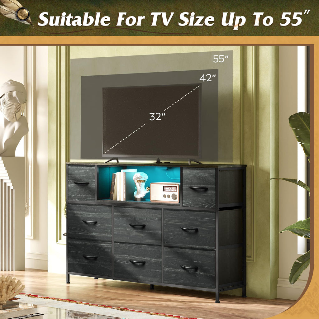 LED Dresser TV Stand for 55 Inch TV, 8 Fabric Drawers, Charcoal Black
