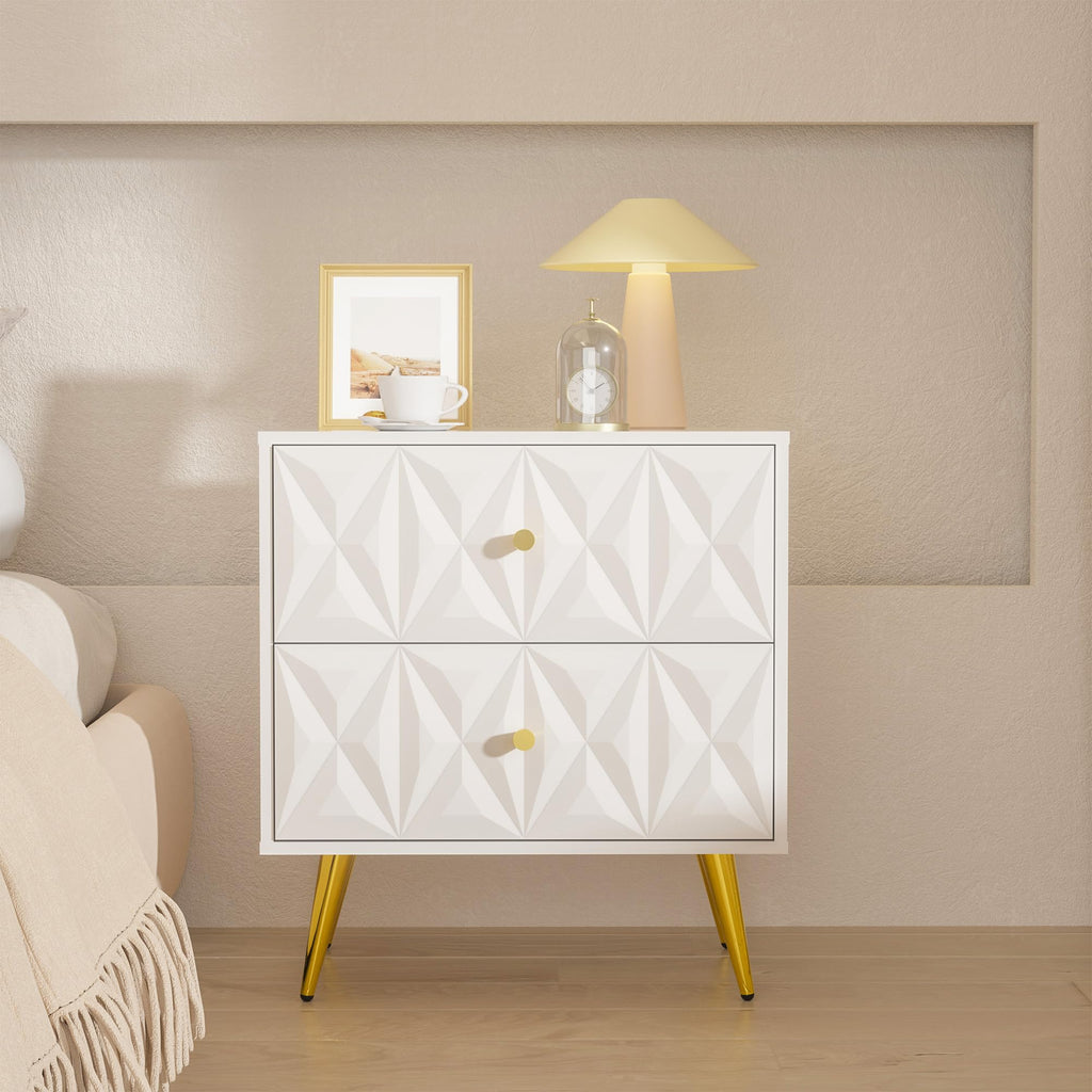 Nightstand Set of 2, White and Gold Nightstands with 2 Diamond Pattern Drawers, Modern End Table Side Table with Gold