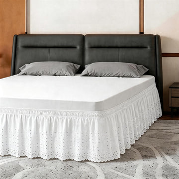 King Bed Skirt, Wrap-Around Elastic Ruffled Eyelet Bed Skirt King Size Dust Ruffle with Gathered Styling and