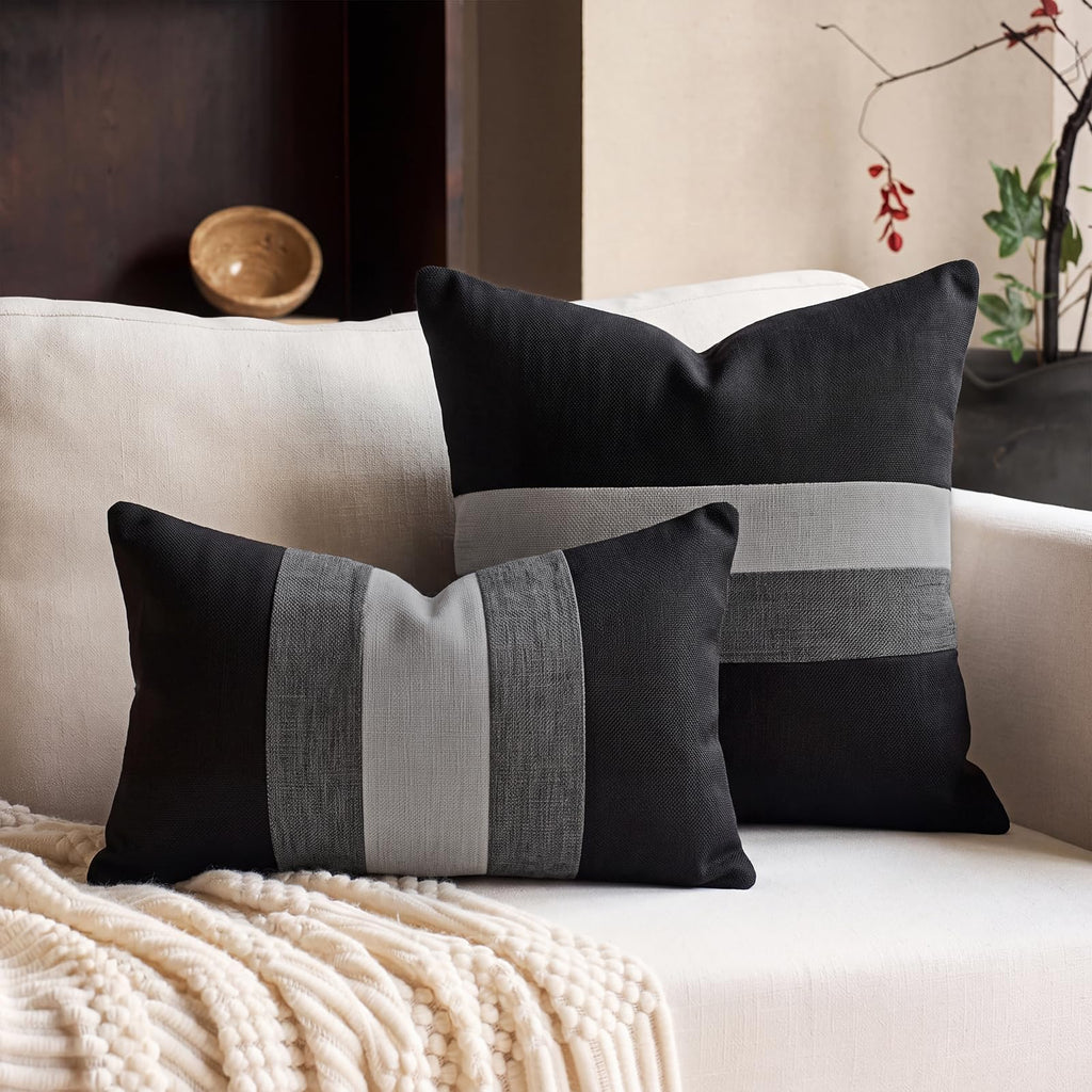 Linen Patchwork Pillow Covers 12x20 Set of 2 Farmhouse Decor