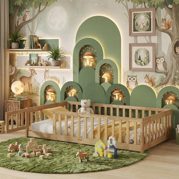 Floor Bed for Kids, Montessori Bed Frame with Door, Low Beds with Rail for Boys and Girls, No Box Spring