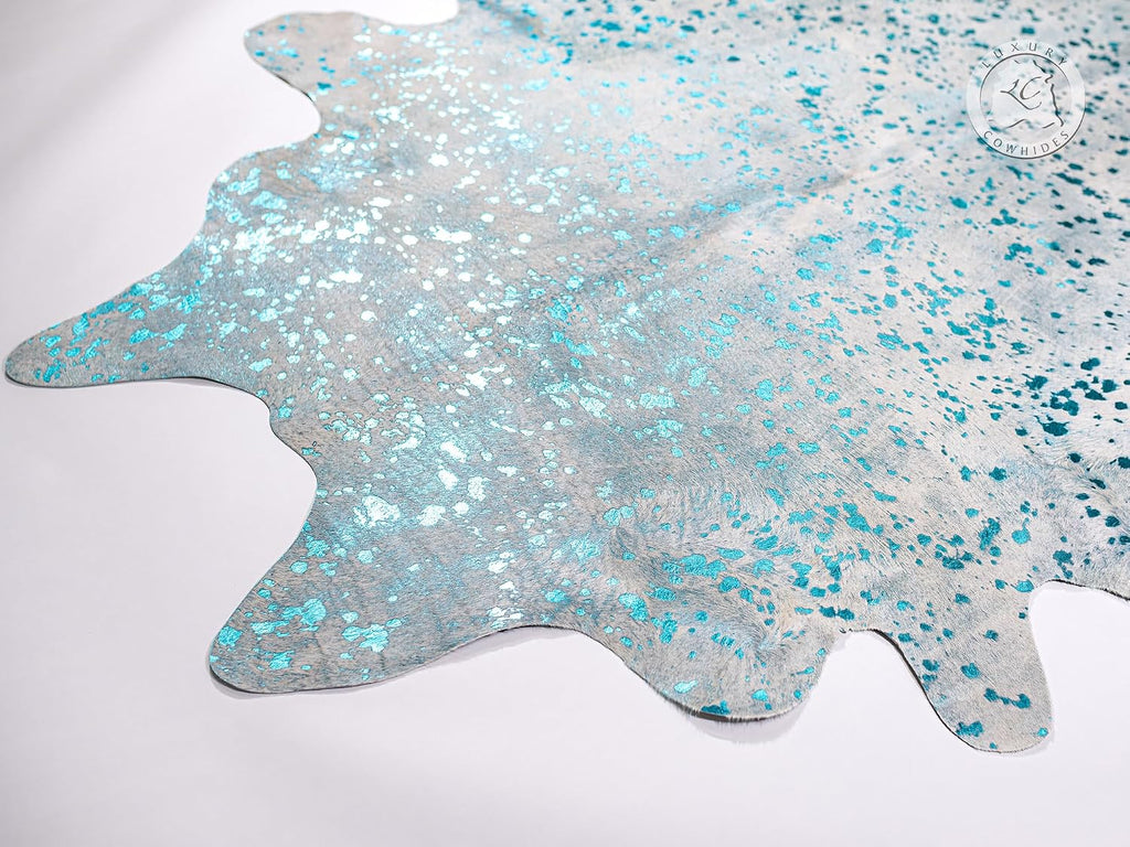 100% Genuine Metallic Blue Turquoise on Off White Cowhide Rug - Modern Style Animal Skin Rug & Floor Carpet & More