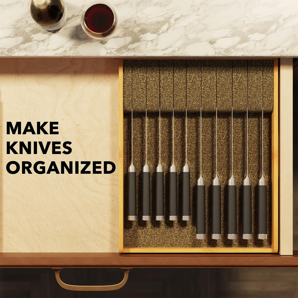 Large Knife Drawer Organizer Bamboo Insert Dock, Kitchen Steak Knives Holder Organizers Block for Drawer in Storage