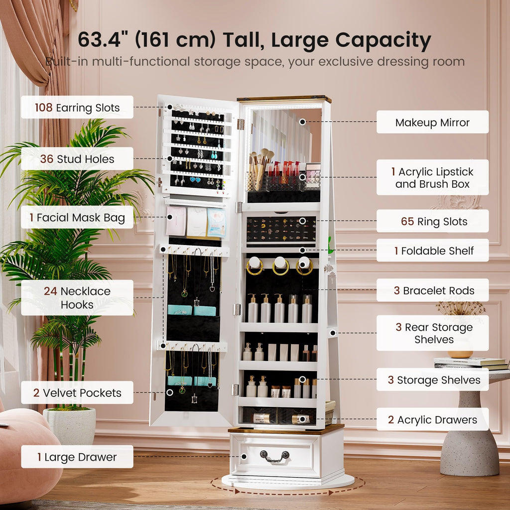 LED Mirror Jewelry Cabinet Standing, Jewelry Armoire Organizer
