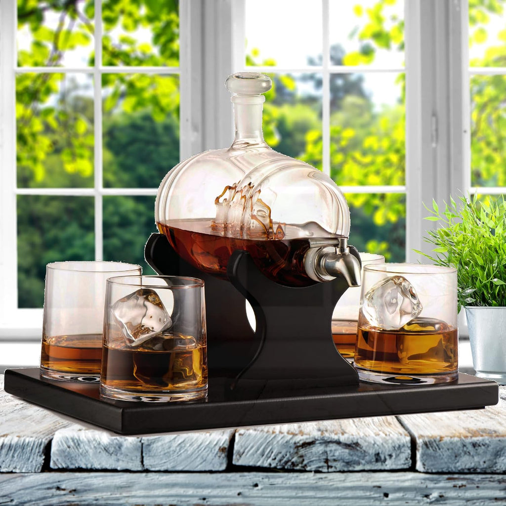 Whiskey Decanter Barrel Set - 1000ml Liquor Dispenser - 4 Glasses - Ship in a Bottle Bar Gifts - Set of 6
