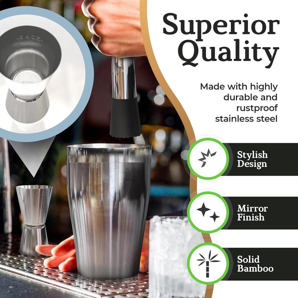 Cocktail Shaker Set: Bartender Kit Bar Mixology Cocktail Bar Set Plus E-Book with 30 Recipes (Silver)
