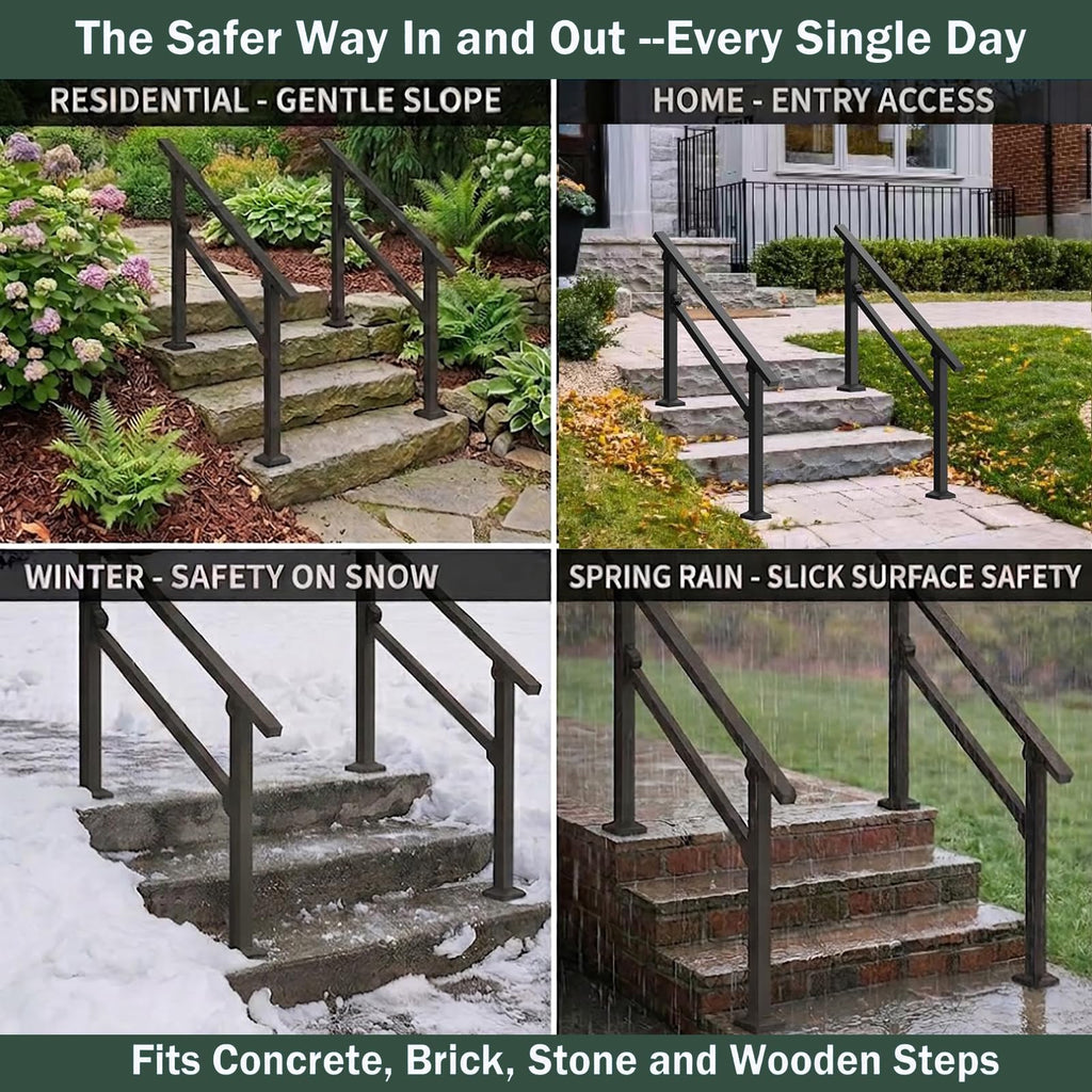 3 Step Hand Rails for Outdoor Steps, 2-Pack Metal Stair Railing Kit