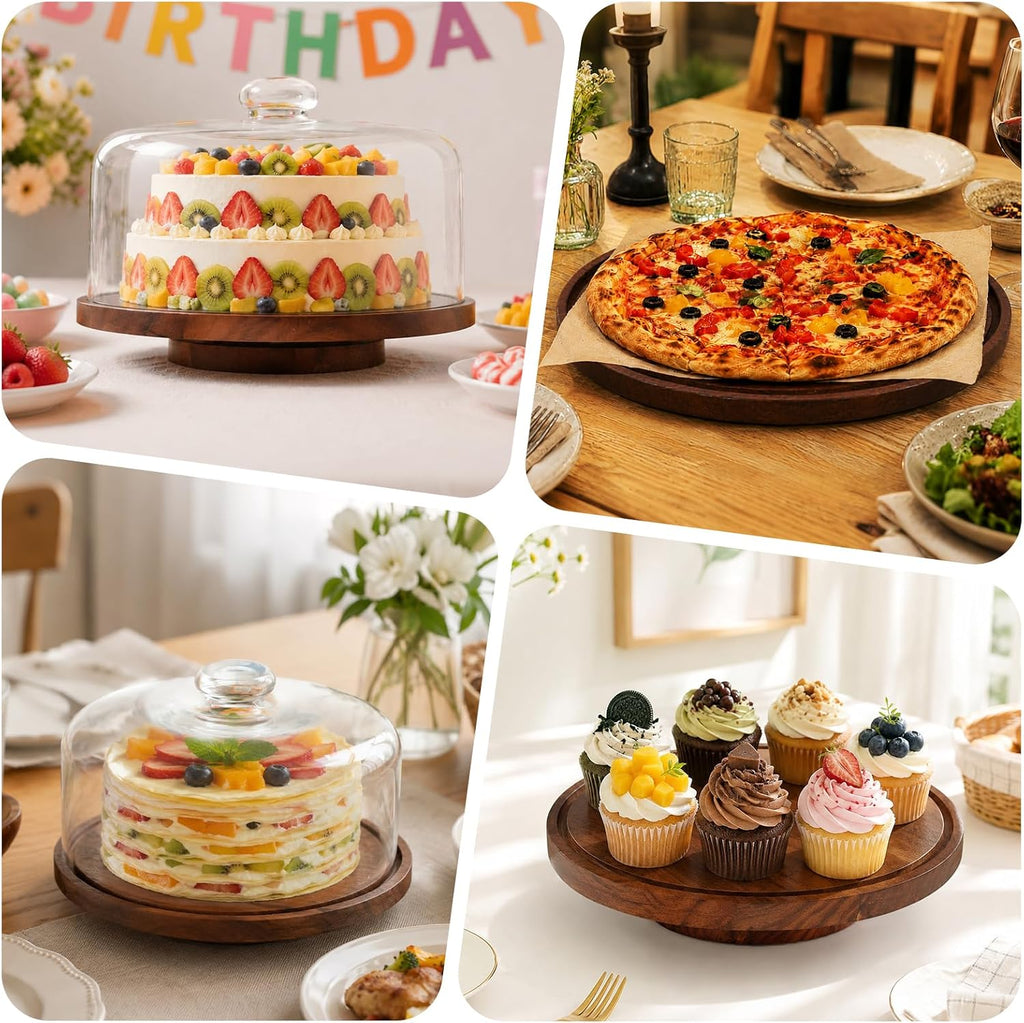 Acacia Wood Cake Stand with Glass Dome,11" Rotating Cake Stand for Desserts