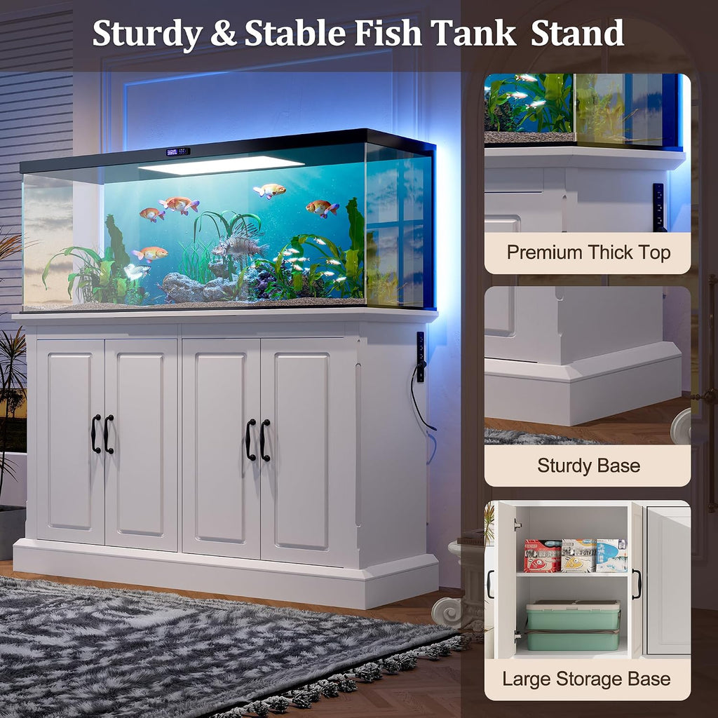 55-75 Gallon Fish Tank Stand, 880LBS Capacity, Built-in Charging Station & Power Outlets, 4 Cabinets, Storage Drawer