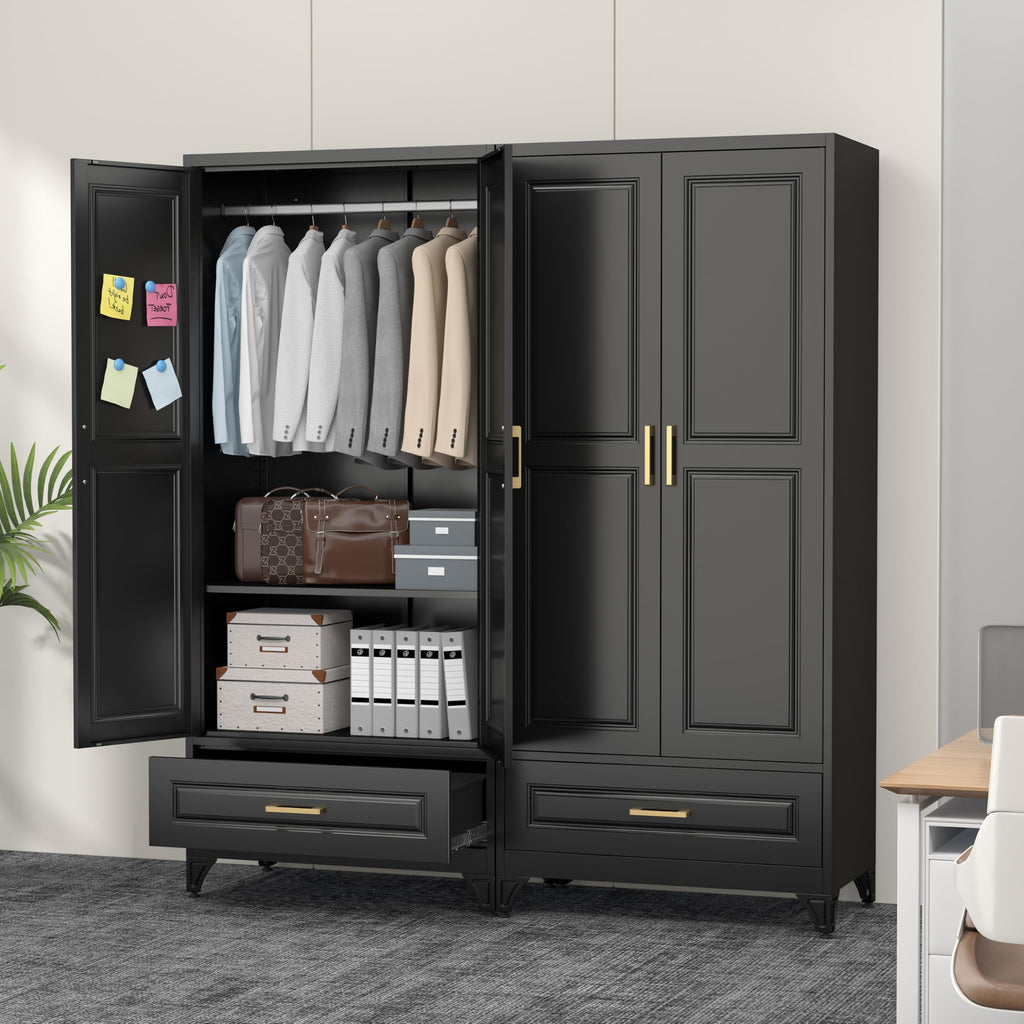 71" Black Metal Armoire Wardrobe Closet with Doors and 1 Drawer
