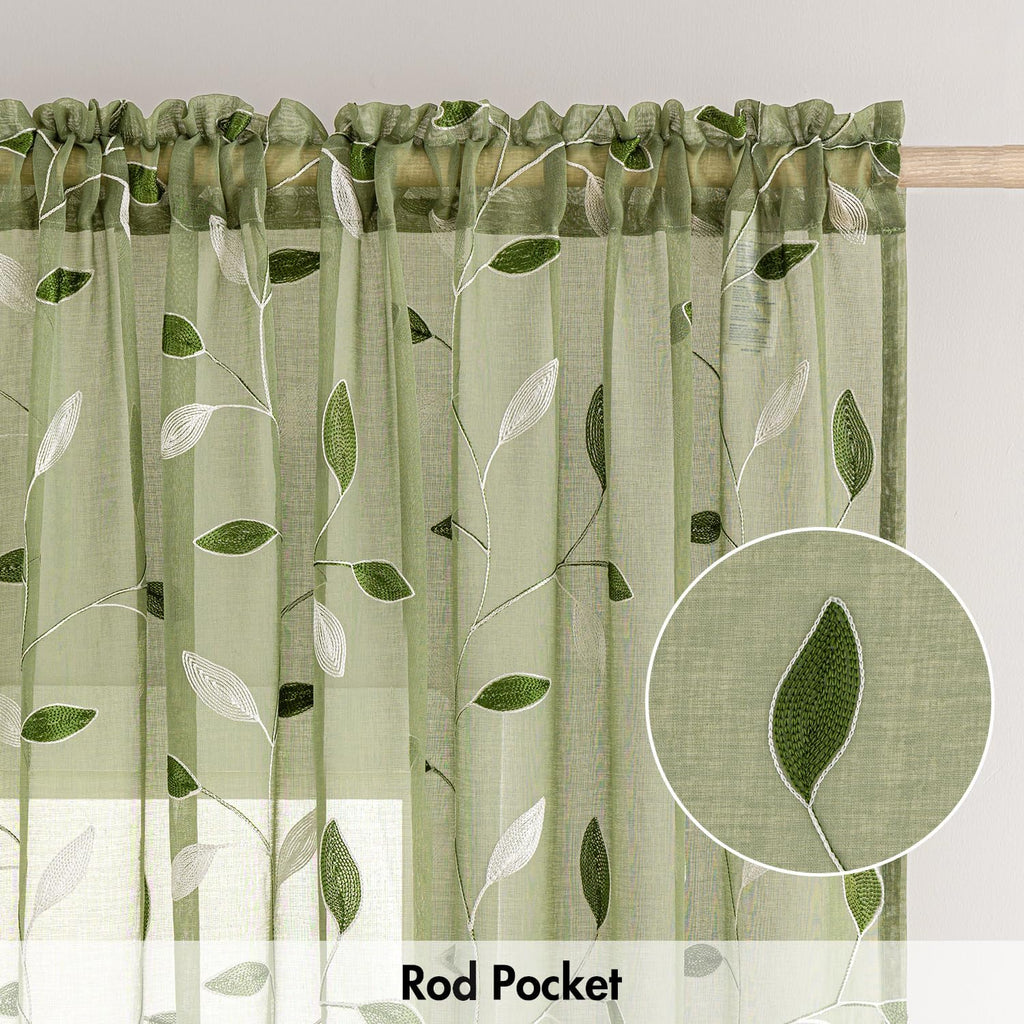 Sage Green Sheer Kitchen Curtains 30x36 Inches Length 2 Panels Embroidered Leaf Patterned Rod Pocket Floral Semi