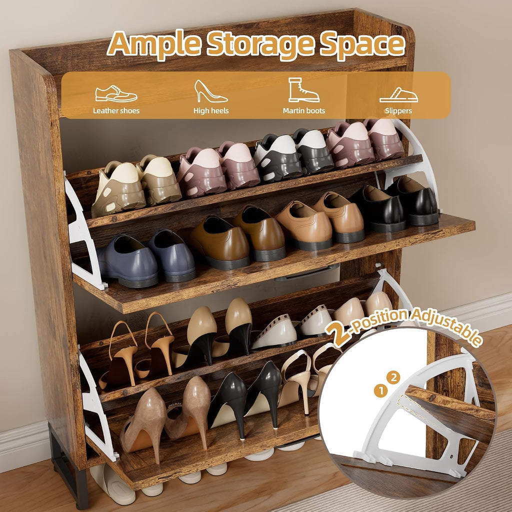 Farmhouse Shoe Storage Cabinet with 2 Flip Drawers, Rustic Brown