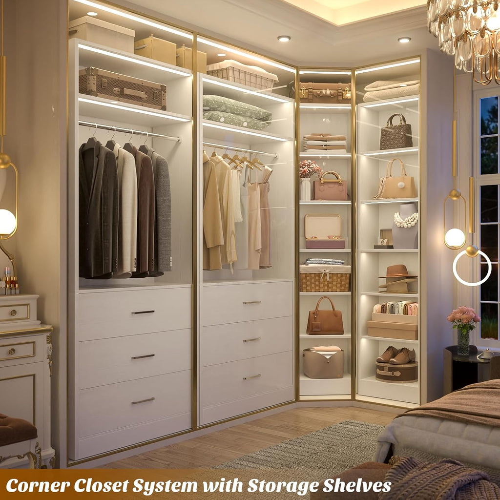 Closet System with 6 Drawers & 10 Shelves, Corner Closet Organizer System, Reversible Walk-in Closets, (L-Shaped