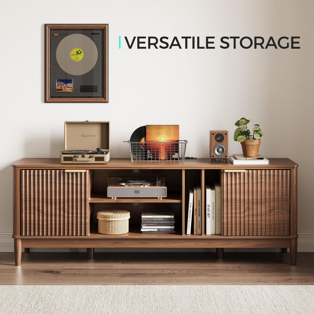 Mid Century Modern Fluted TV Stand for 75" TV, Walnut | Entertainment Center with Storage Cabinet, Sturdy TV Console