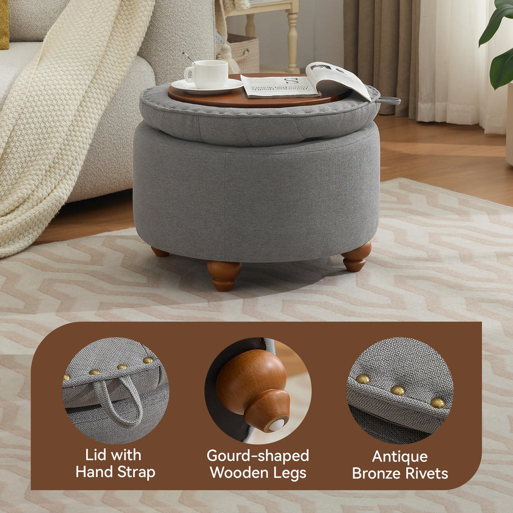 24Inch Round Storage Ottoman with Tray, Modern Tufted Fabric Circle Coffee Table with Storage, Upholstered Ottoman