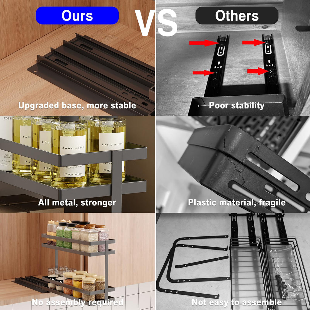 2 Pack Pull Out Spice Rack Organizer for Cabinet, 2 Tier Metal Slide Out Seasoning Organizer and Storage Heavy Duty