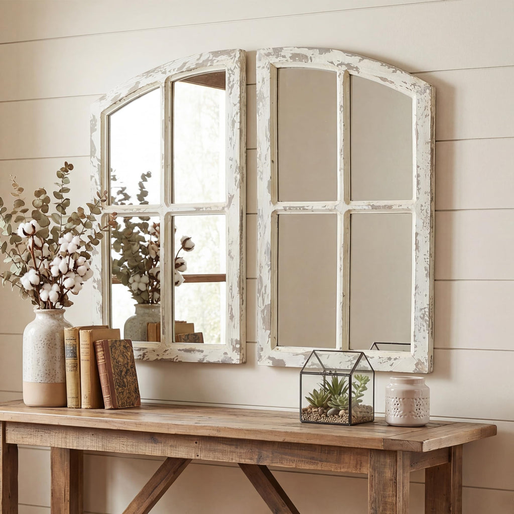 Farmhouse Mirror, Decoration Wood Arch Window Wall Mounted Mirror