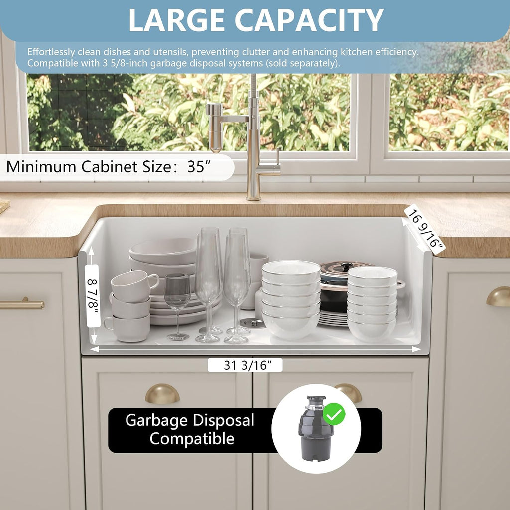 Farmhouse Kitchen Sink 33 Inch White Undermount Kitchen Sink | Apron-Front Large Deep Single Bowl with Bottom Grid &