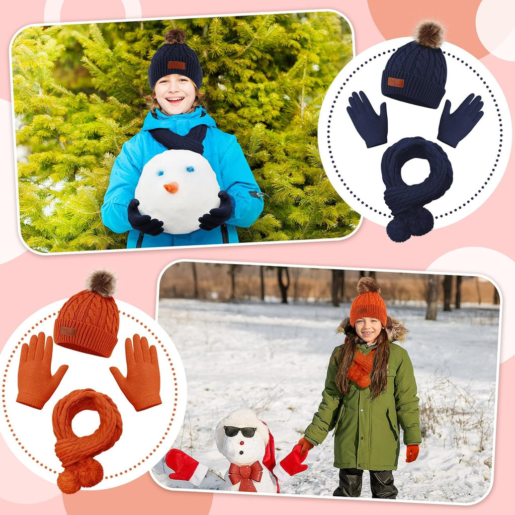 12 Pcs Kids Winter Knitted Kids Winter Beanie Hat Scarf Gloves Set, Warm Boy Girl Pom Hat Scarf Gloves for 5-12 Years